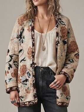 VTG Cardigan Sz L Natural Fibers Ramie Cotton Tan Floral Grandmacore Cottagecore